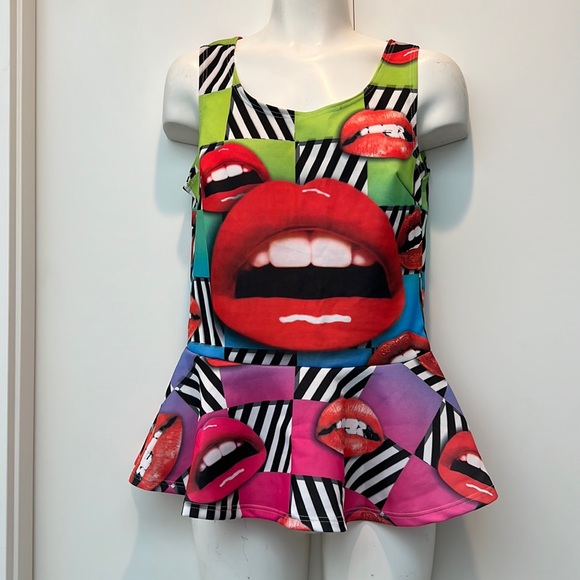 cleo Tops - Colorful & Funky Pop Art Lip Print Peplum Tank Top